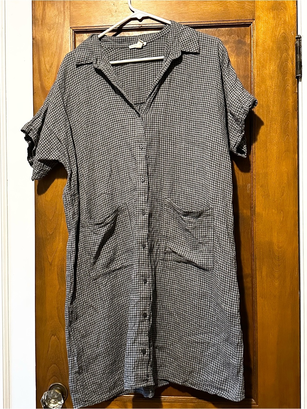 Eileen Fisher Organic Linen Gingham Shirt Dress Black Gray Size Medium